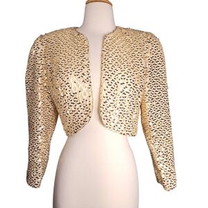 Vintage 80s Gold Sequin Crop Bolero Jacket Sz Medium Giant Shoulder Pads Dynasty